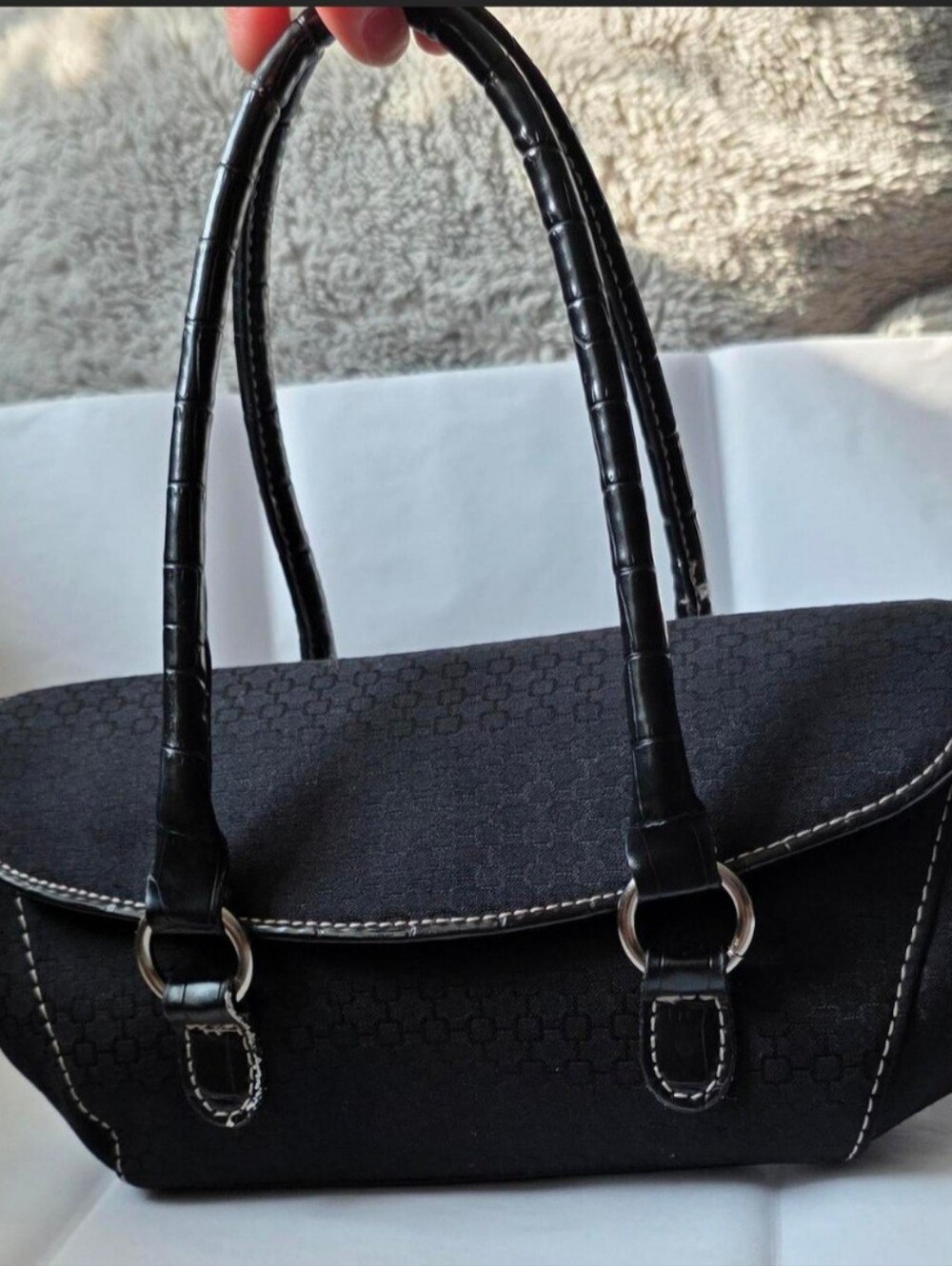 Vintage Y2K Nine West Black Textured Shoulder Handbag with Rolled Handles
